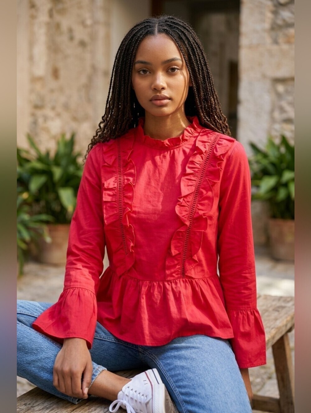 Amaryllis Bright Red Ruffled Peplum Blouse - Picture 1 of 6